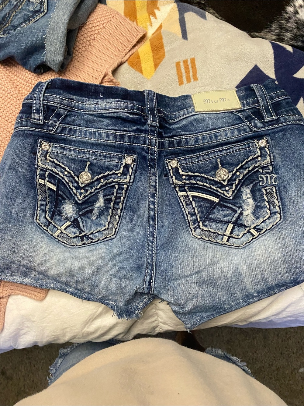Miss Me Blue Distressed Embellished Denim Shorts